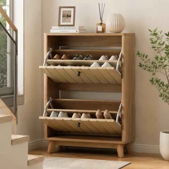 REDOM Schoenenkast - 2 kleppen - Verstelbare en uitneembare legplanken - Anti-kantelbeveiliging - Moderne stijl - Hal en gang - MDF en spaanplaat - Eikenkleur - 60 x 24 x 94 cm