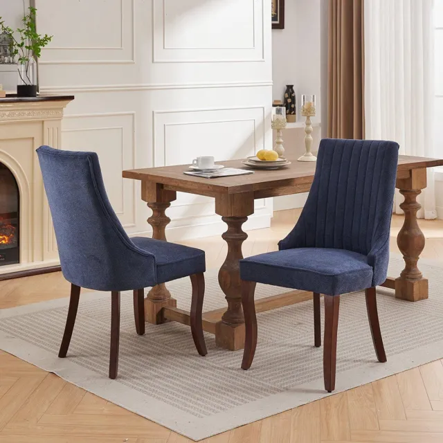 KOMHTOM BLACKCOLORS Eetkamerstoelen van geblokt rayonne Channel-keukenstoelen Comfortabele bijzetstoelen van gestoffeerd materiaal voor de eetkamer met gebogen poten van massief hout, set van 2 (blauw), DE1847BL