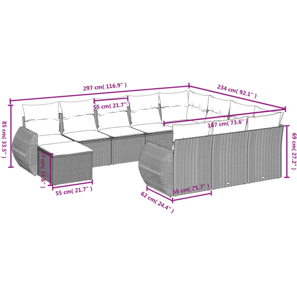 vidaXL 11-delige Loungeset met kussens poly rattan zwart, foto 3