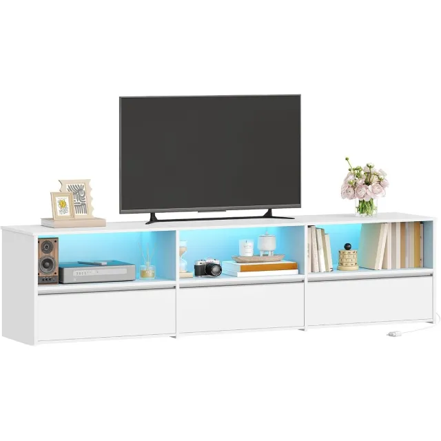 HILINSIE Tv-meubel met RGB ledverlichting, 180 cm lang, wit, voor tv's tot 80 inch, laag meubel met 3 lades en 3 open vakken voor woonkamer en slaapkamer,180 × 40 × 50 cm