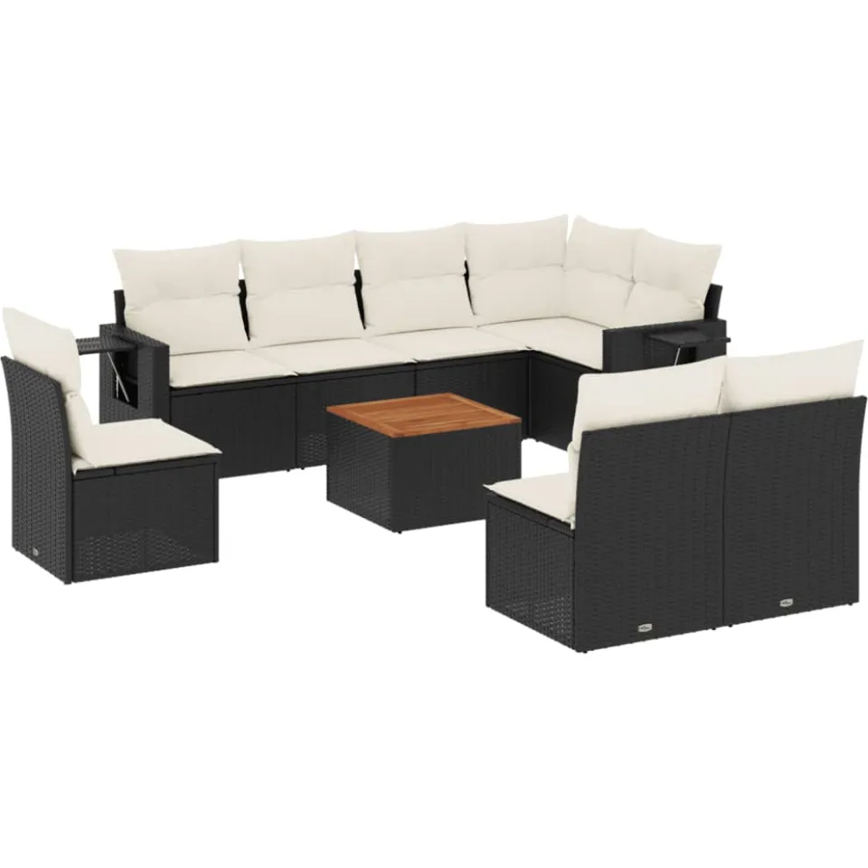 vidaXL 9-delige Loungeset met kussens poly rattan zwart