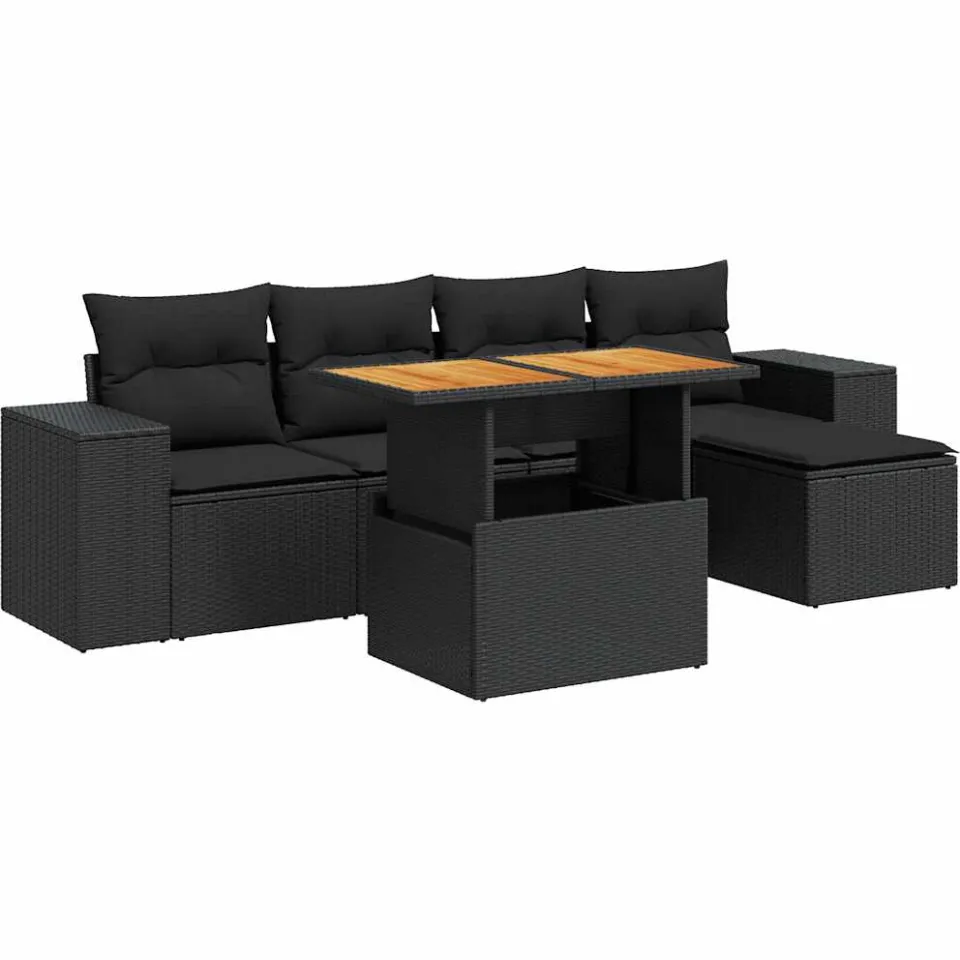 vidaXL 6-delige Loungeset met kussens poly rattan zwart, foto 3