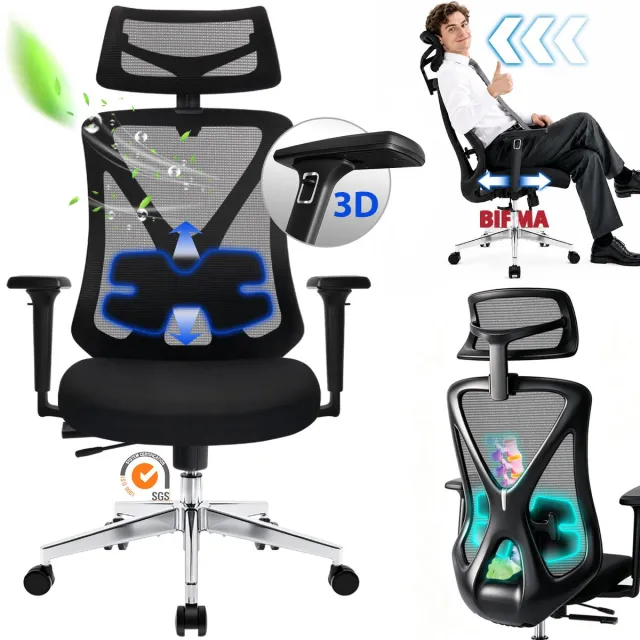 Durrafy Ergonomische Bureaustoel 150 kg - EN1335 Gecertificeerd - Bureaustoelen voor Volwassenen - Office Chair - Computerstoel met 2D Hoofdsteun, 3D Armleuningen, Lendensteun, Zitdiepteverstelling en Ademend Mesh - Zwart G01