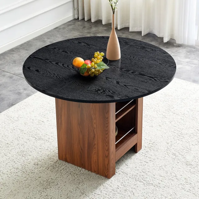 STILVORA Ronde Eettafel - Met Open Opbergvakken - Voor Keuken En Eetkamer - MDF In Walnootlook En Zwart - 100x76 Cm