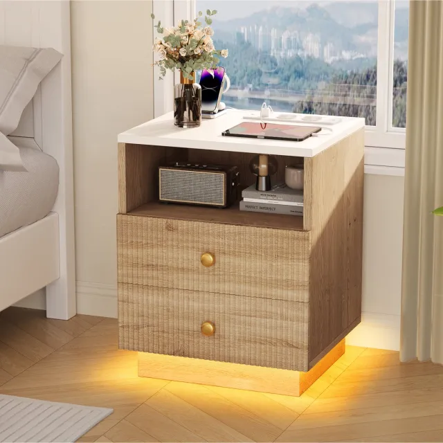 MEXUS Nachtkastje 2pcs, LED-Verlichting, Natuurlijke Houtkleur, 2 Lades/Open Opbergvakken, Modern Nachtkastje, Geïntegreerde Opberg, Decoratie en Oplaadfuncties