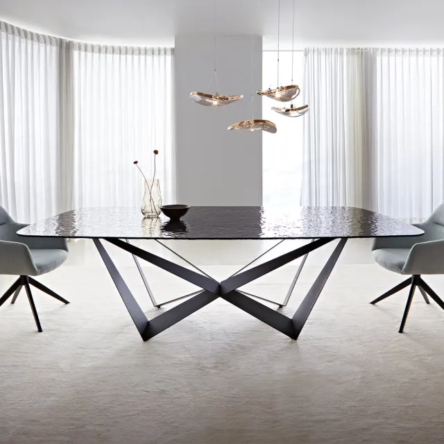 DELIFE Eetkamertafel Edge Boot Glas smelten rokerig zwart 3D-Relief 240x120 spider vlak staal zwart