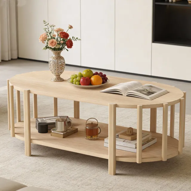Pugsdrly Salontafel Ovale vorm Multifunctioneel Modern ontwerp met opbergruimte Houten salontafel voor de woonkamer of hal Natuurlijke Houtkleur