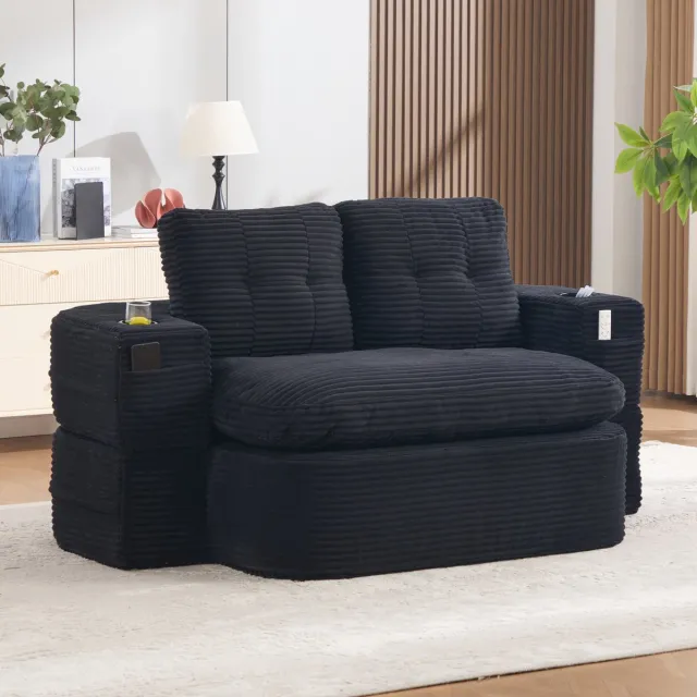 HAUSS SPOLE Fauteuil - 2-in-1 Relaxfauteuil Met Ligfunctie - Met Bekerhouders En Zijvakken - Voor Woonkamer En Leeshoek - Cord Zwart