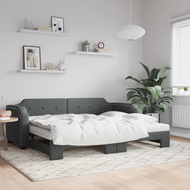 vidaXL Slaapbank onderschuifbed matrassen 100x200 cm stof donkergroen grijs