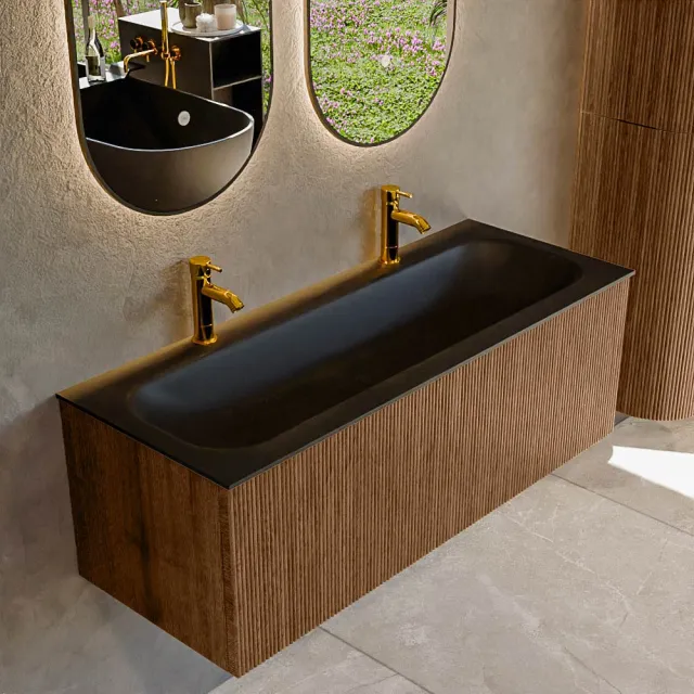 Mondiaz KURVE 120 cm Onderkast Greeploos 1 Lade Zonder Deuren Walnut, Wastafel Solid Surface Volledig Urban 2 Kraangaten Zonder Spiegel (KRVBGL1201L0D2KM-Wal/Urb)