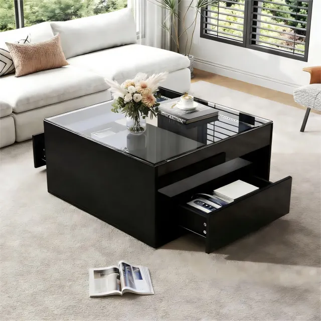 REDOM Salontafel met 2 Laden en LED-Verlichting – Vierkante Koffietafel met Opbergruimte – Zwart – 70 x 70 x 35 cm