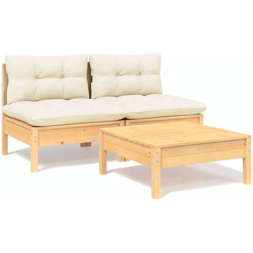 vidaXL 3-delige Loungeset met crèmekleurige kussens grenenhout, foto 3