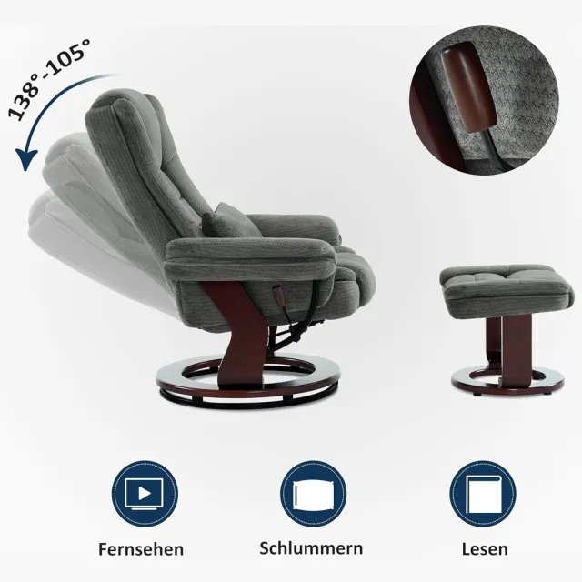 Laura Relaxfauteuil 82,5 x 87 x 106 cm – 360° Draaibare Lees- en TV-Stoel met Kruk, Traploos Instelbare Rugleuning, Comfortkussen en Zijzak – Grijs Stof – Laura