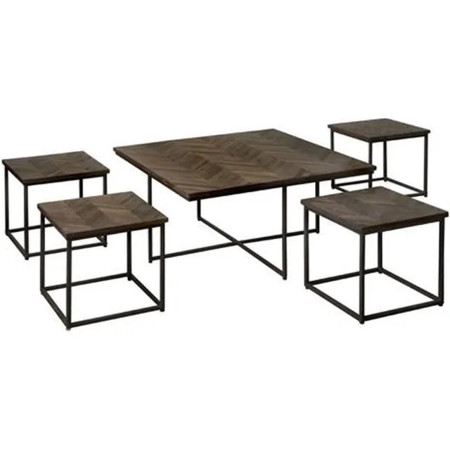 Renew Via coffeetable set (5) - 90x90x45 40x40x38 - recl. teak wine Bruin