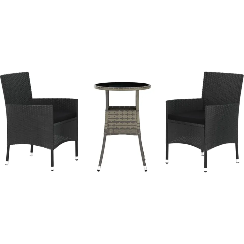 vidaXL 3-delige Bistroset met kussens poly rattan zwart, foto 3