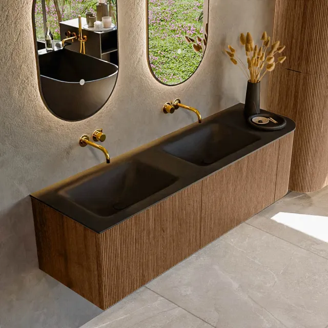 Mondiaz KURVE-DLUX 155 cm Onderkast Greeploos 2 Lades Met Deuren Walnut, Wastafel Solid Surface Links Lava 0 Kraangaten Zonder Spiegel (KRVLEA155R2L1D0KD-Wal/Lav)