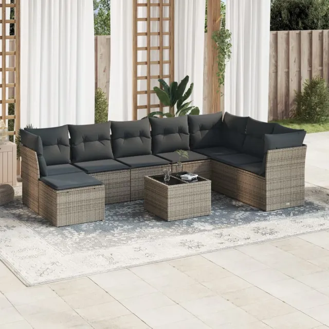 vidaXL 9-delige Loungeset met kussens poly rattan grijs, foto 2