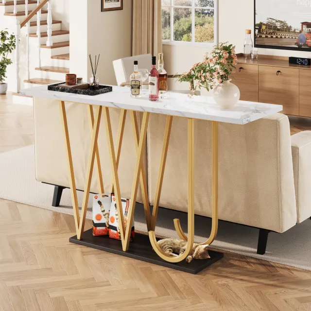 Merax Gangtafel - 1 stuk - 120x29 -5x80 cm Eettafel - keukentafel - balkontafel - houten eettafel - tafelblad met marmerprint Wit