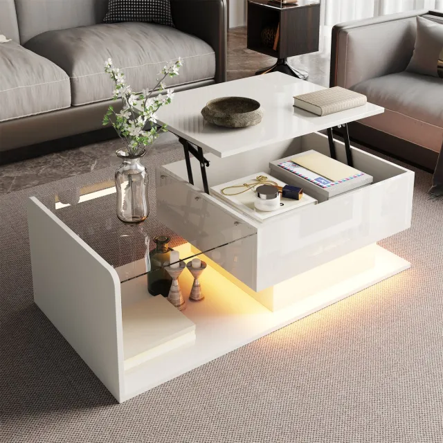 MIVRAY Salontafel - In Hoogglans Met Verstelbare Hoogte En Verlichting - Voor Woonkamer - Spaanplaat En Glas - 100x50 Cm - Wit