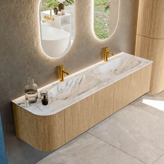Mondiaz KURVE-DLUX 175 cm Onderkast Greeploos 2 Lades Met Deuren Oak, Wastafel Solid Surface Rechts Glace 2 Kraangaten Zonder Spiegel (KRVSTS175L2L1D2KD-Oak/Gla)