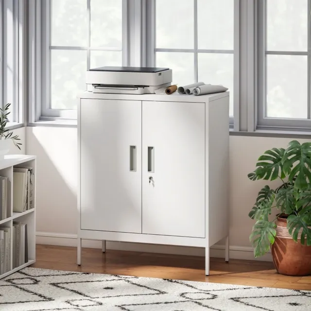MEUNIQ Archiefkast 80 x 40 x 100 cm met 2 deuren, afsluitbare stalen kast met 2 verstelbare planken en 25 hoogtestanden, opbergkast voor kantoor, woonkamer of garage, wit