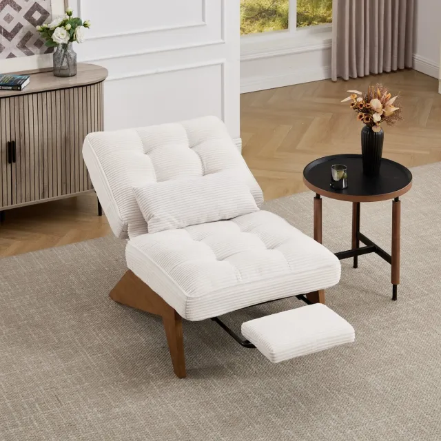 Sweiko Fauteuil - Met voetensteun - Verstelbare rugleuning - Corduroy - Houten frame - Beige