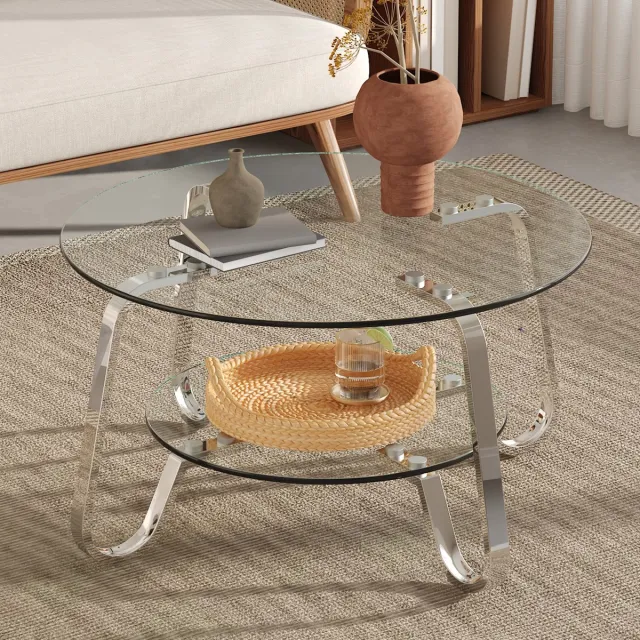 Wishdor Luxe Ronde Salontafel (Ø 80 cm) - Glazen Koffietafel met 2 Niveaus - Zilver Metaal Frame - Transparant