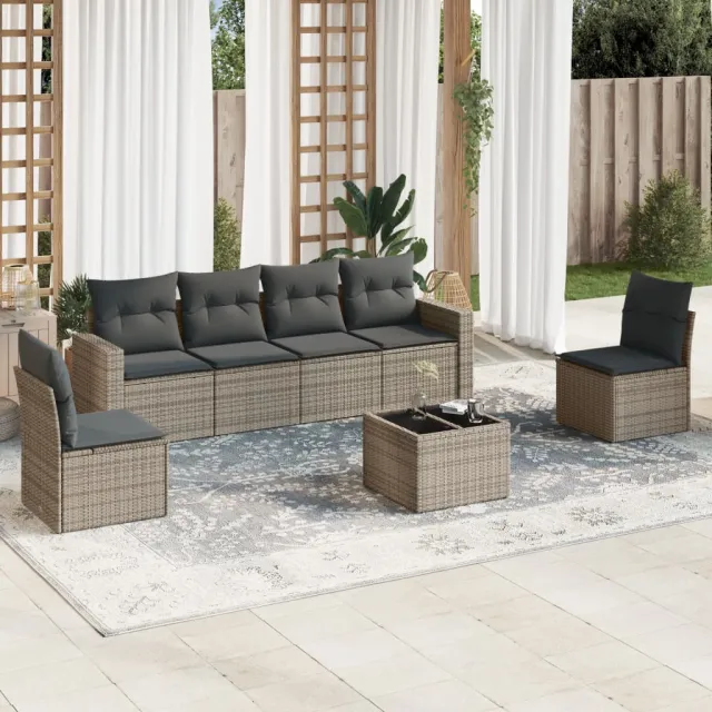 vidaXL 7-delige Loungeset met kussens poly rattan grijs, foto 2