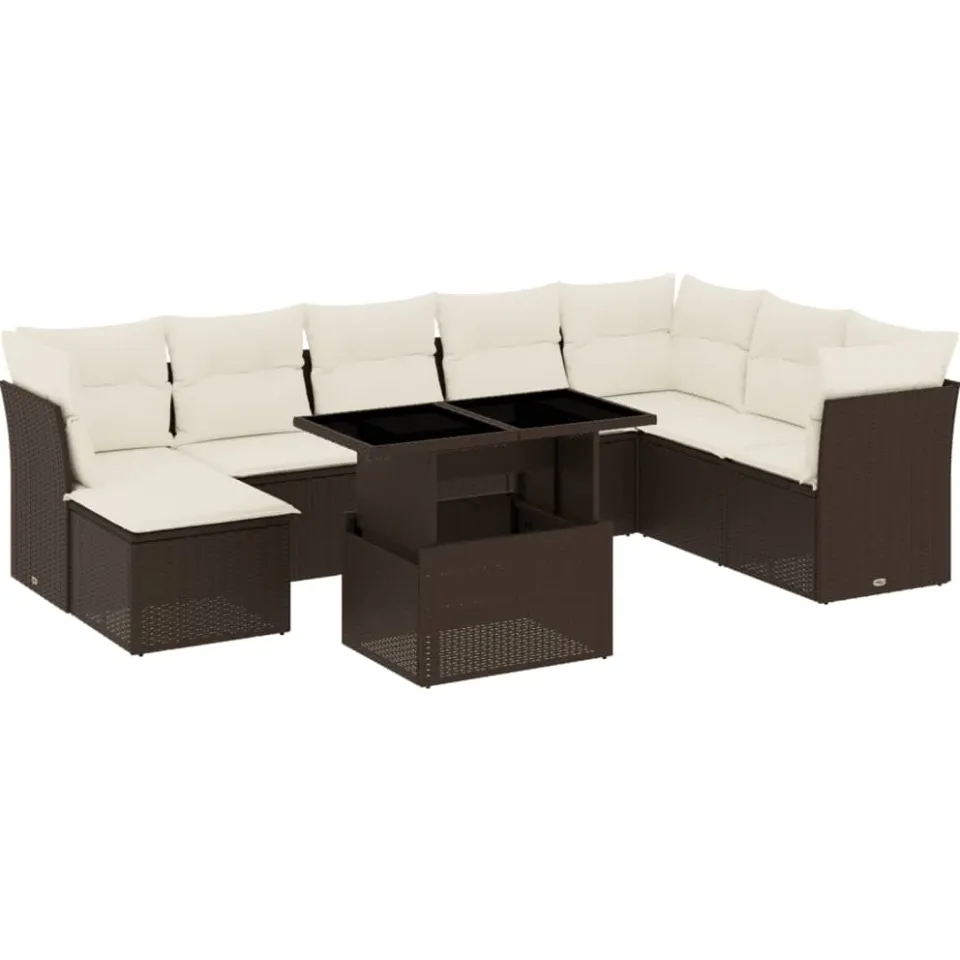 vidaXL 9-delige Loungeset met kussens poly rattan bruin