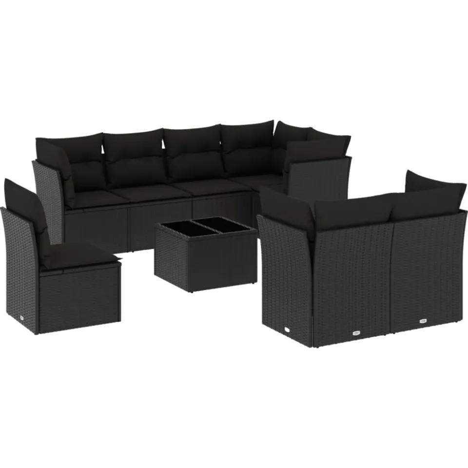 vidaXL 9-delige Loungeset met kussens poly rattan zwart
