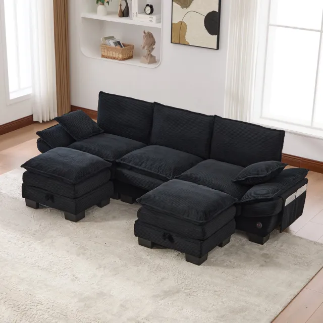 MODENUIT Hoekbank 260 x 132 cm - Modulair Met 2 Hockers, USB-C En Zijvakken - Voor Woonkamer - Cord Zwart Zwart, 3-zitsbank