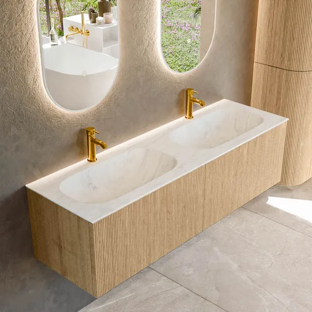 Mondiaz KURVE-DLUX 150 cm Onderkast Greeploos 2 Lades Zonder Deuren Oak, Wastafel Solid Surface Dubbel Opalo 2 Kraangaten Zonder Spiegel (KRVSTS1502L0D2KD-Oak/Opa)