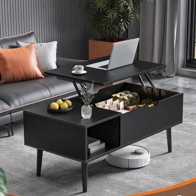 learnlogic In hoogte verstelbare salontafel moderne salontafel met verborgen opbergruimte en open schappen bijzettafel met klapblad geschikt voor woonkamers ontvangstkamers en kantoren (zwart) Afmetingen 100*50*43 cm