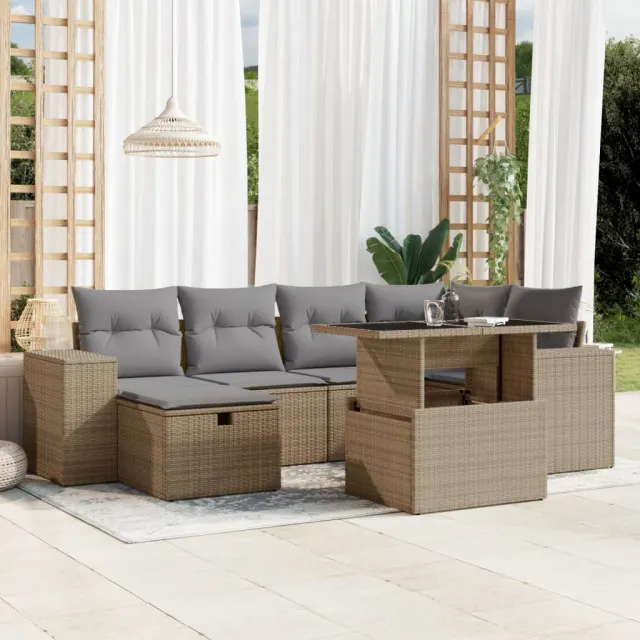 vidaXL 7-delige Loungeset met kussens poly rattan beige, foto 2