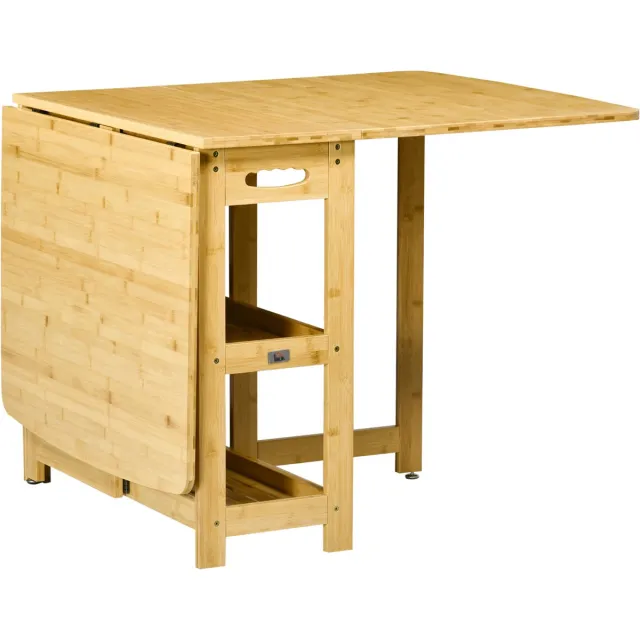 Homona Klaptafel - Eettafel met 2 uitklapbare zijden - Met opbergplanken - Bamboe - 149,5 x 80 x 73,5 cm - Natuurlijk hout Bruin