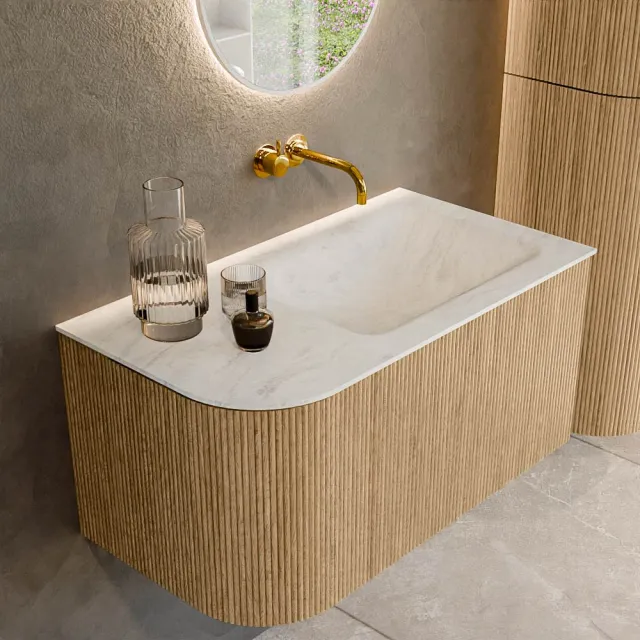 Mondiaz KURVE-DLUX 85 cm Onderkast Greeploos 1 Lade Met Deuren Oak, Wastafel Solid Surface Rechts Opalo 0 Kraangaten Zonder Spiegel (KRVCLO85L1L1D0KR-Oak/Opa)