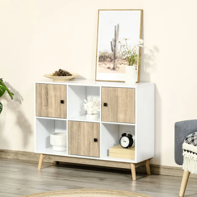 AURA LUMEN Buffetkast-Buffet Salon Moderno met 9 Vakken-3 Deuren & 3 Open Compartimenten-96x30x75 cm-Wit & Natuurlijk Hout