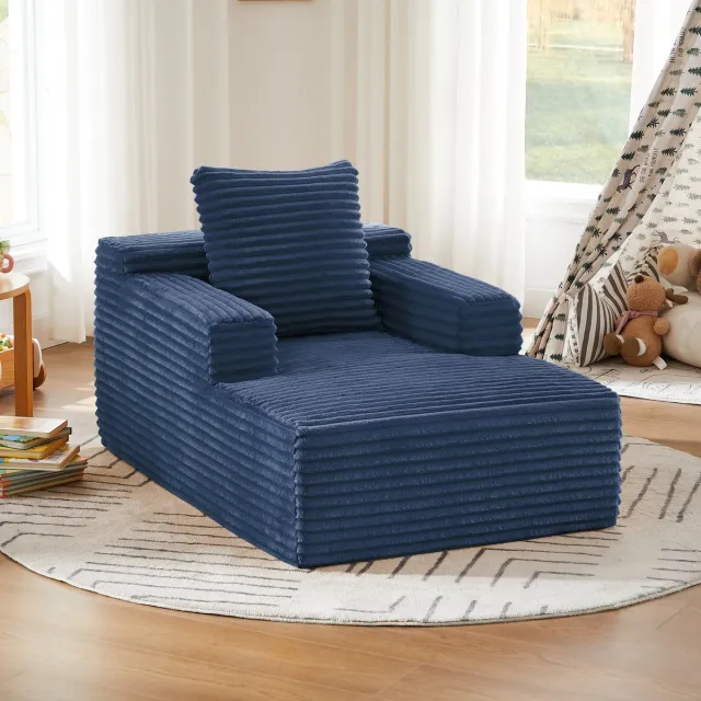 COVREO Chaise longue 117x81x50 cm - blauwe ribstof, met armleuningen, zonder montage