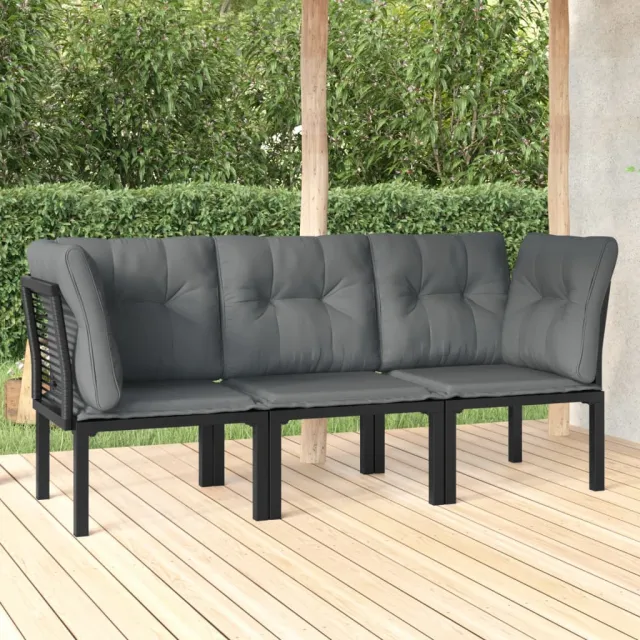 vidaXL 3-delige Loungeset met kussens poly rattan zwart en grijs, foto 2