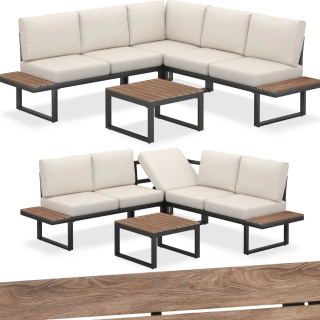 Tectake Tuinset Eliar - 4-Delige Loungeset - 5 Personen - Weerbestendige Hoekbank - Aluminium Frame - Houtlook Zijtafeltjes - Tuinbank -Tuintafel - Verstelbare Rugleuning - Ligbed - Tuinmeubelset met Kussens - Ideaal voor tuin, balkon en terras zwart