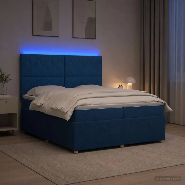 vidaXL LED Boxspring Bed met Matras Blauw 200 x 200 cm Stof