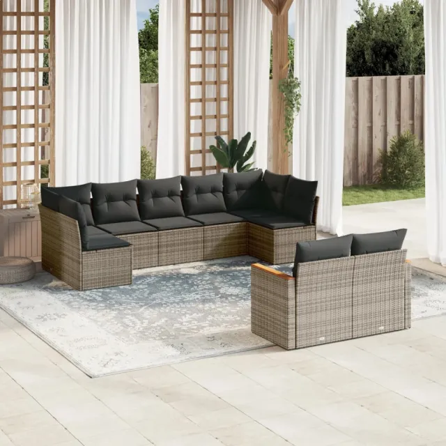vidaXL 9-delige Loungeset met kussens poly rattan grijs, foto 2