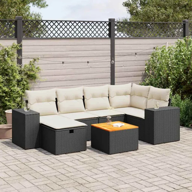 vidaXL 7-delige Loungeset met kussens poly rattan zwart, foto 2