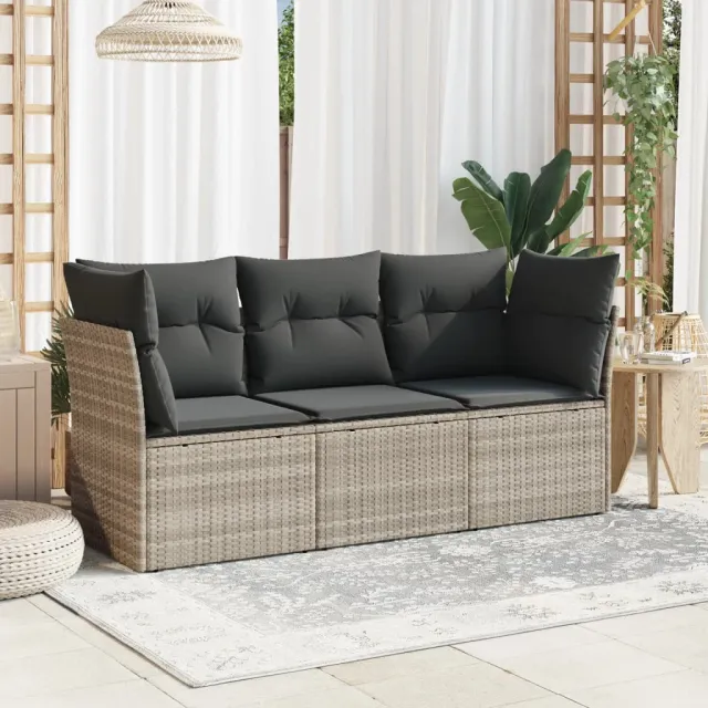 vidaXL 3-delige Loungeset met kussens poly rattan lichtgrijs grijs, foto 2