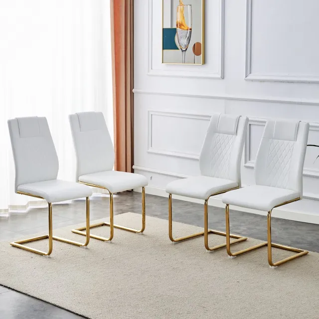 DESMIU Eetkamerstoel Set Van 4 - Scandinavisch Design Met Genaaid Patroon En Hoge Rugleuning - Voor Eetkamer En Woonkamer - Kunstleer - Wit En Goud Wit + goud