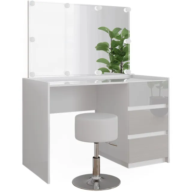 Vicco Kaptafel Marla, Wit Hoogglans, 120 cm met spiegel, LED-lichtslinger en kruk