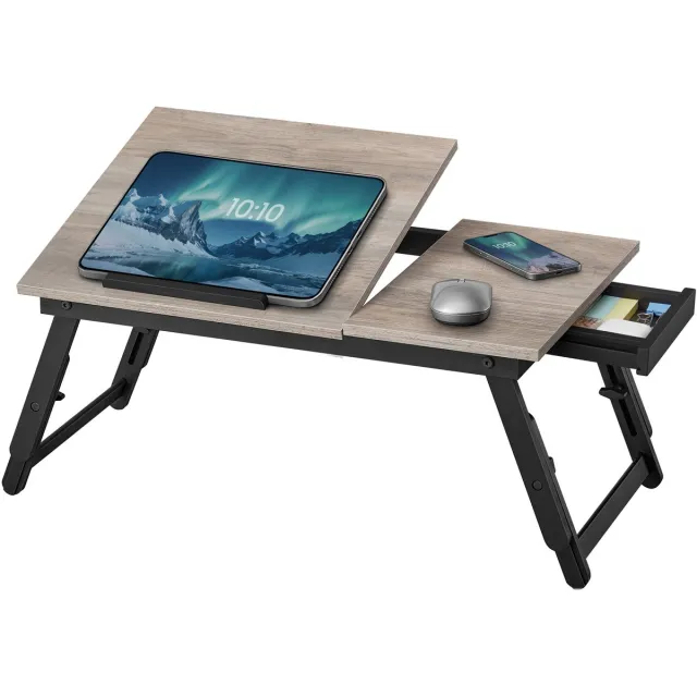 Songmics Laptop Tafel - Laptopstandaard met Inklapbare Poten - In Hoogte Verstelbaar - Voor Bed en Bank Greige