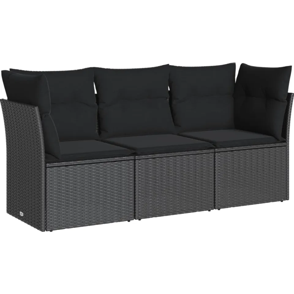 vidaXL 3-delige Loungeset met kussens poly rattan zwart, foto 3