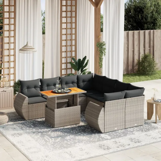 vidaXL 9-delige Loungeset met kussens poly rattan grijs, foto 2
