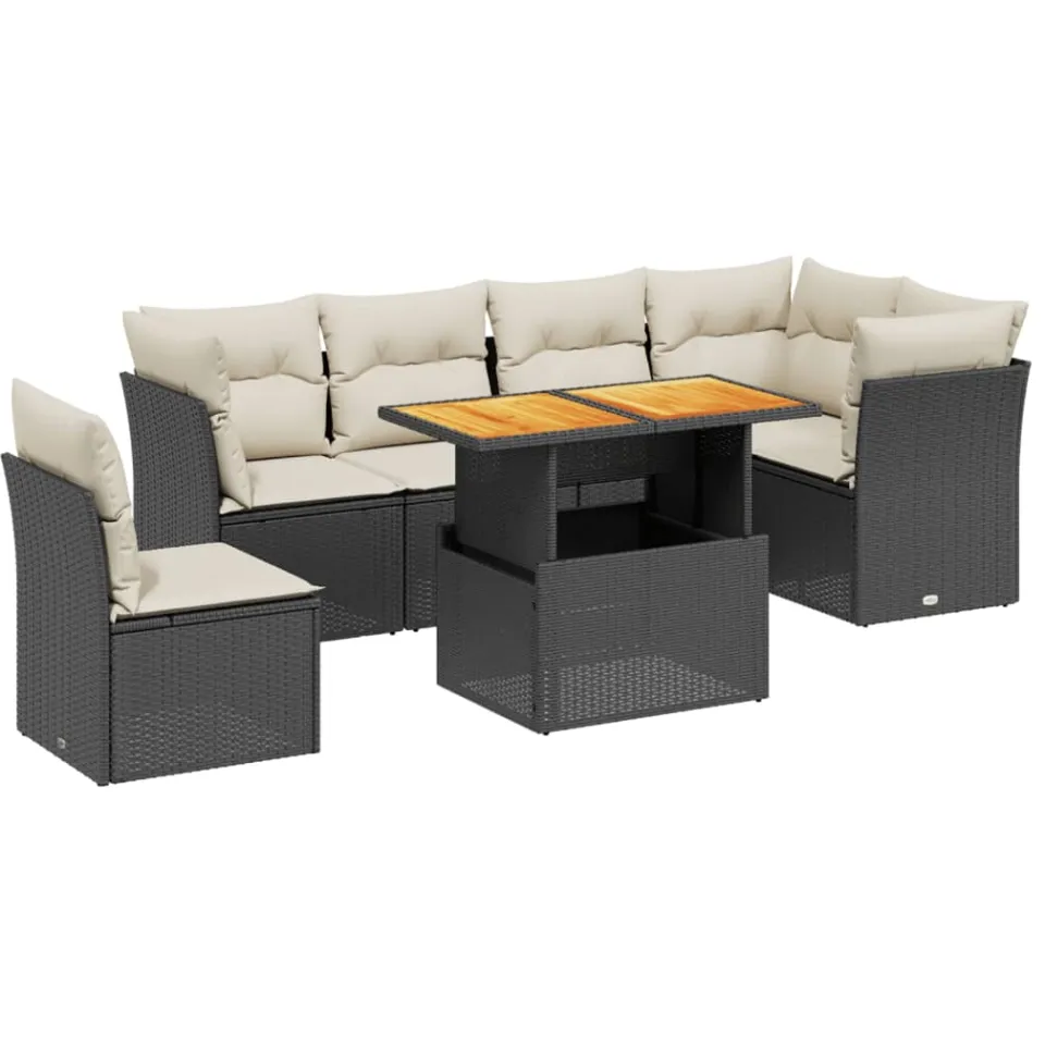 vidaXL 7-delige Loungeset met kussens poly rattan zwart
